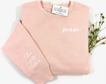 Custom Mom Sweatshirt with Kids Name on Sleeve, Personalized Mom Sweatshirt, Mothers Day Gift, Womens Crewneck Sweater, Gift from Children