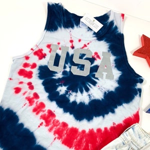 USA Tie Dye Tank Top Womens 4th of July Shirts, Tie Dye Tank 4th of July Outfit, Patriotic Tank Top, Red White Blue America Unisex Tank USA