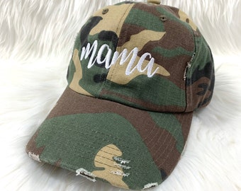 Camo Mama Hat, Distressed Baseball Cap, Mom Hat, Embroidered Womens Summer Hat, Gift for Mom, Camouflage Hat Camo Gift for Her, Mothers Day