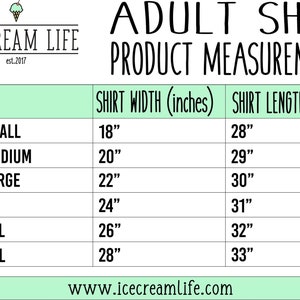 May include: A chart showing adult shirt sizes and their corresponding width and length measurements in inches. The chart is titled "Adult Shirt Product Measurements" and includes sizes from Small to 3XL.