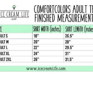 May include: Chart showing adult tee shirt sizes and finished measurements in inches.  The chart shows shirt width and shirt length for sizes Adult S, Adult M, Adult L, Adult XL, and Adult 2XL.