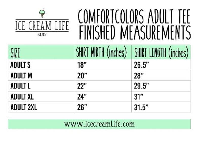 May include: Chart showing adult tee shirt sizes and finished measurements in inches.  The chart shows shirt width and shirt length for sizes Adult S, Adult M, Adult L, Adult XL, and Adult 2XL.