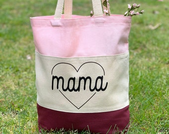 Mama Heart Canvas Tote Bag, Tri-Color Design