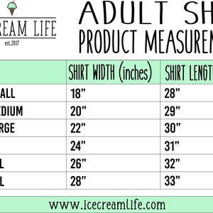 May include: A chart showing adult shirt sizes and their corresponding width and length measurements in inches. The chart is titled "Adult Shirt Product Measurements" and includes sizes from Small to 3XL.