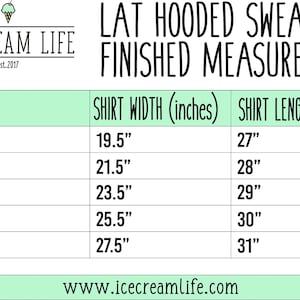May include: A chart showing the finished measurements for a hooded sweatshirt in adult sizes. The chart lists the shirt width and length in inches for sizes S, M, L, XL, and 2XL.