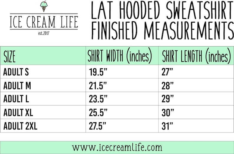 May include: A chart showing the finished measurements for a hooded sweatshirt in adult sizes. The chart lists the shirt width and length in inches for sizes S, M, L, XL, and 2XL.