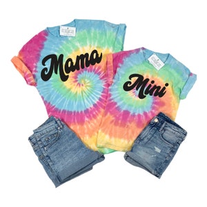 Mama Mini Tie Dye Shirts, Rainbow Tie Dye Matching Mommy and Me Shirts, Womens Tie Dye Tshirt, Gift for Girl Mom Daughter Outfits Summer