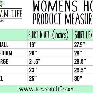 May include: A chart showing women's hoodie size measurements in inches. The chart lists sizes from small to 2XL with corresponding shirt width and length measurements.