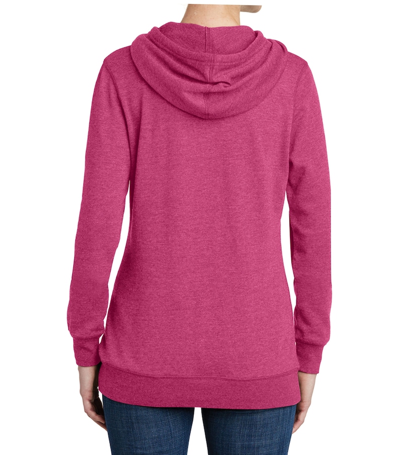May include: A magenta hoodie with a drawstring hood and long sleeves. The back view of the hoodie shows a ribbed hem and cuffs. The fabric has a heathered texture. The hoodie is a casual garment.