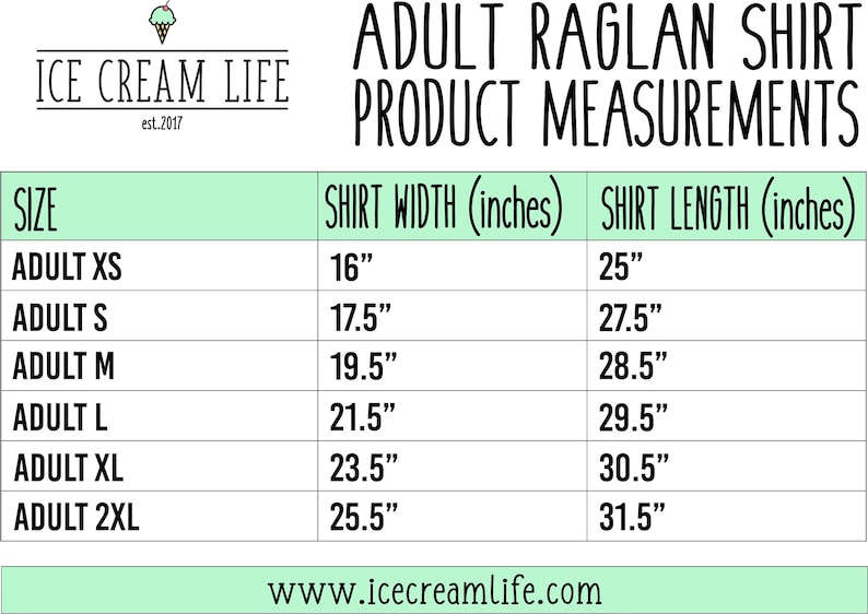 K&ouml;nnte beinhalten: Eine Tabelle mit den Gr&ouml;&szlig;en und Ma&szlig;en von Raglan-Shirts f&uuml;r Erwachsene in Zoll. Die Tabelle listet die Gr&ouml;&szlig;en von XS bis 2XL mit den entsprechenden Ma&szlig;en f&uuml;r die Shirtbreite und -l&auml;nge auf.