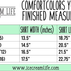 May include: A chart showing youth tee shirt sizes and finished measurements in inches. The chart includes sizes Youth XS (4/5), Youth S (6/8), Youth M (10/12), and Youth L (14/16). The chart lists the shirt width and shirt length for each size.