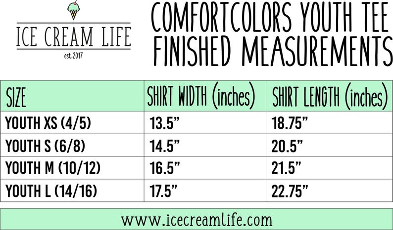 May include: A chart showing youth tee shirt sizes and finished measurements in inches. The chart includes sizes Youth XS (4/5), Youth S (6/8), Youth M (10/12), and Youth L (14/16). The chart lists the shirt width and shirt length for each size.