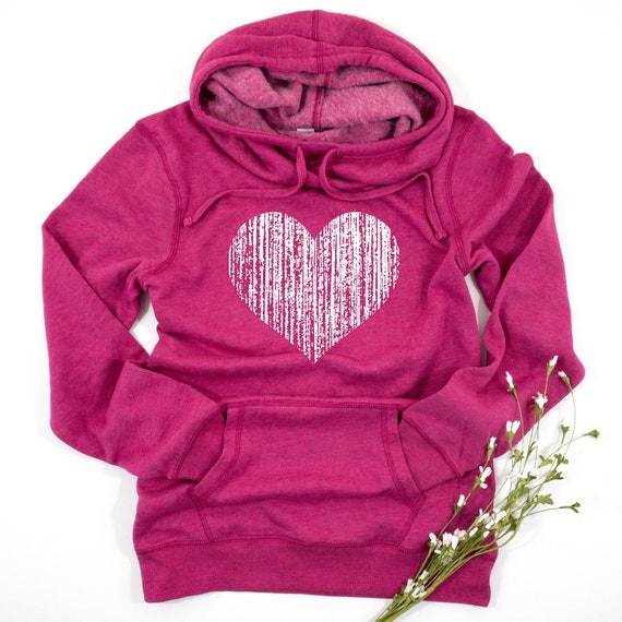 Vintage Heart Hoodie Sweatshirt, Womens Hooded Sweatshirt, Womens Cowl Neck Fleece Pullover, Valentines Day Sweatshirt, Valentine Gift Her