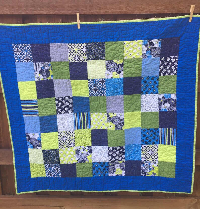 Modern Baby Quilt Gender Neutral Navy & Light Blue Lime Quilt Etsy