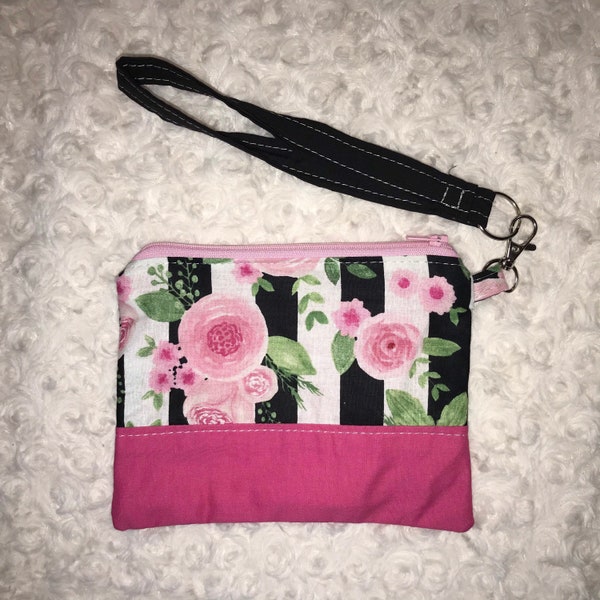 Rose wristlet, floral, black-and-white, pink, with pink zipper, pocket with clip and removal black keychain.
