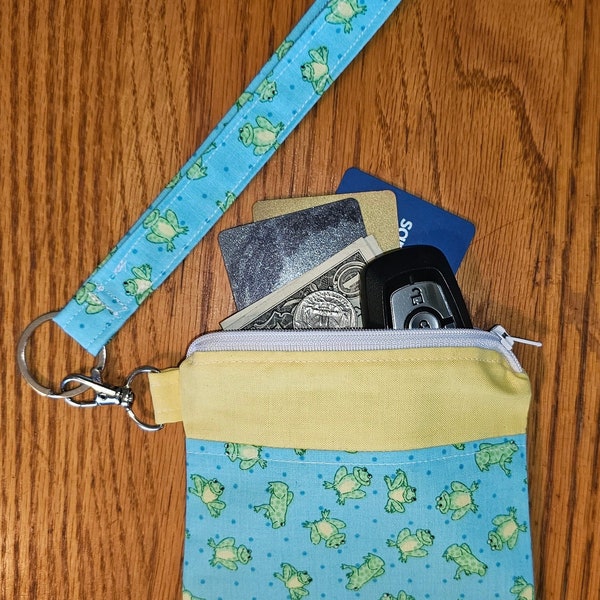 Frog, blue, green, and yellow change purse, wristlet, zipper, 4X5 inch pocket with clip and removal keychain.