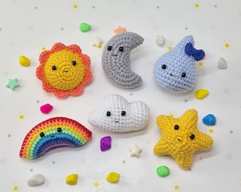 Amigurumi-haakpatroon regenboog / waterdruppel / wolk / zon / maan / ster /
