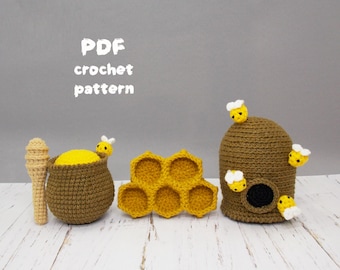 Amigurumi-haakpatroon honingset / honingraten / bijenkorf / een pot honing /