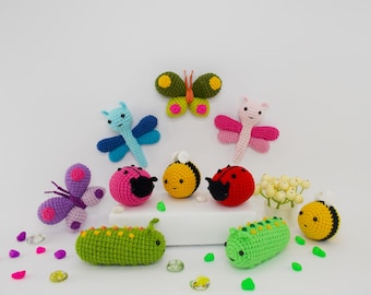 Amigurumi-haakpatroon insecten / libel / lieveheersbeestje / bij / vlinder / rups /