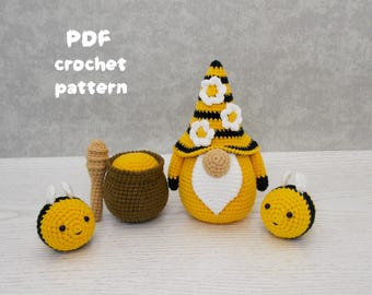 Gehaakt amigurumi-patroon kabouter / pot honing / bij /
