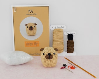 DIY amigurumi crochet kit little pug / craft project crochet dog pug / handmade amigurumi pug /