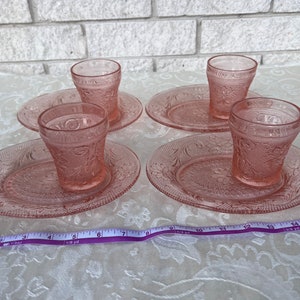 Set of 4 Indiana Glass Tiara Snack Plates & 4 Cups Pink/Peach Tiara Glass Sandwich pattern