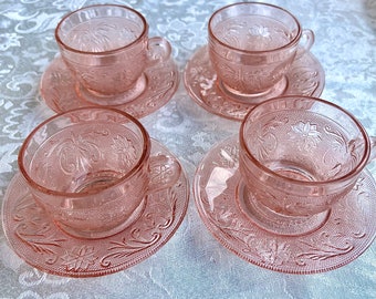 4 pink tiara tea cups with saucers made by Indiana Glass company.
