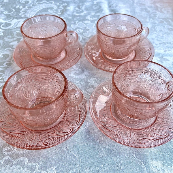 4 pink tiara tea cups with saucers made by Indiana Glass company.