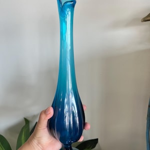 Vintage 1960s Viking 6-Petal Blue Swung Vase 15&quot;/ Mid Century Collectible Glass / MCM Glass