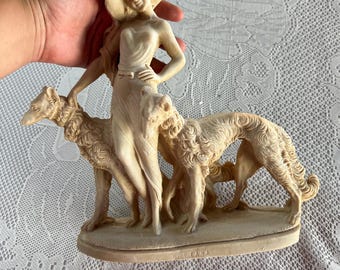 A. SANTINI Vintage Figurine Art Deco LADY With Borzoi DOG 17