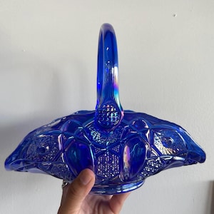 Vintage Cobalt Blue Carnival Glass L E Smith Banana Basket