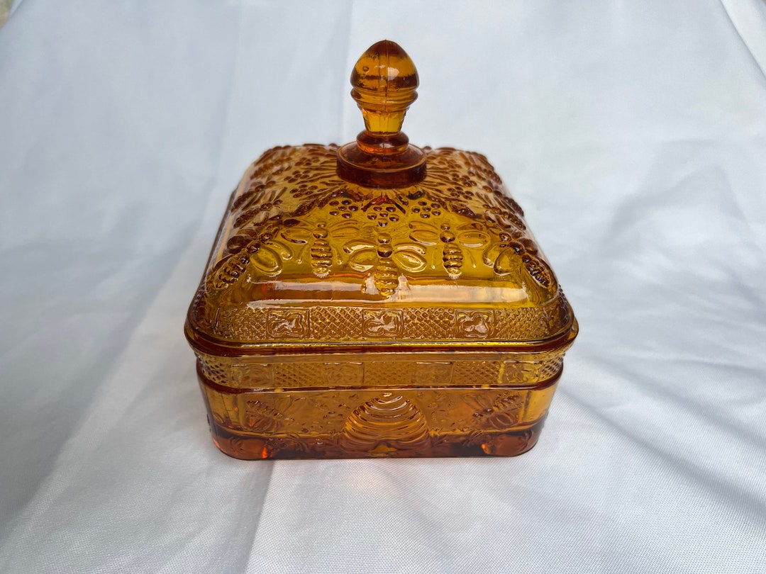 Vintage Tiara Amber Honey Bee Candy Dish Amber Lidded Candy Etsy