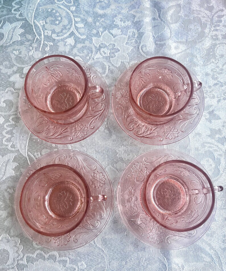 4 Pink Tiara Tea Cups With Saucers Made by Indiana Glass Etsy