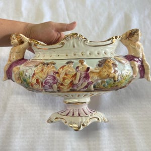 Vintage Porcelain Capodimonte Oval Bowl Vase Centerpiece Made In Italy
