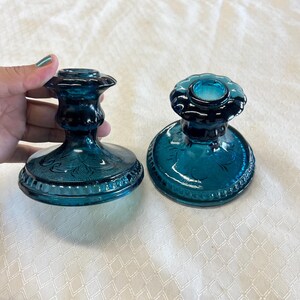 Set of 2 matching Colonial Blue/ Bicentennial blue Tiara candlestick holders in the Tiara/Sandwich pattern Indiana glass company