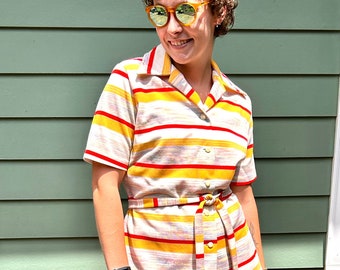 1970s Pantsuit Doubleknit Pant Suit 70s Fashion Vintage Size 14 70s Fashion Striped Shirt Orange Pants
