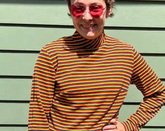 70s Striped Mock Neck Oversize Shirt Handmade 1970s Fashion Tunic 70s Style