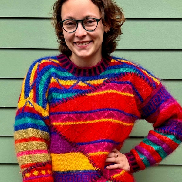 Incredible 80s Kenji Sweater 1980s Sweater Maximalist Sweater Crazy Sweater Colorblock Fab Vintage Sweater