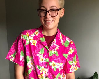 80/'s Women/'s Shirt Hawaiian Short Sleeve Blue Biege Maroon Floral Tropical Cotton Ramie Excellent Condition Vintage by WHISPERS Size L
