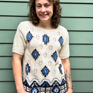 80s-90s Short Sleeve Sweater SW Style Sweater SK & Company Size M Summer Sweater Southwestern Style Vintage Sweater