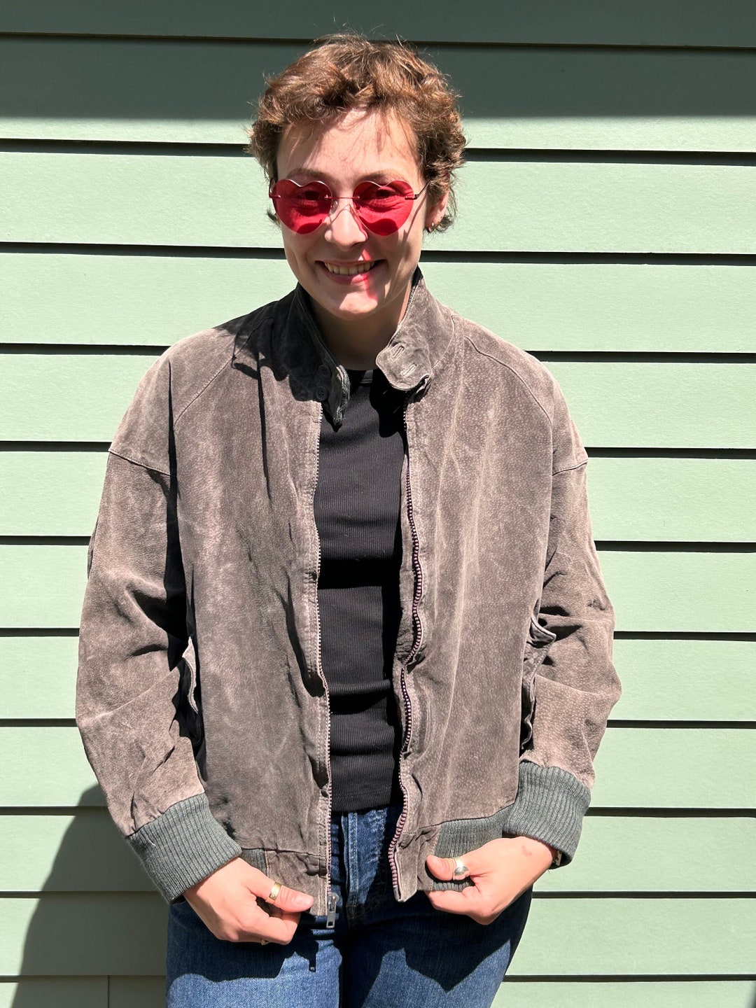 1980s Suede Bomber Jacket Astor One Size L 80s Jacket Vintage Gray