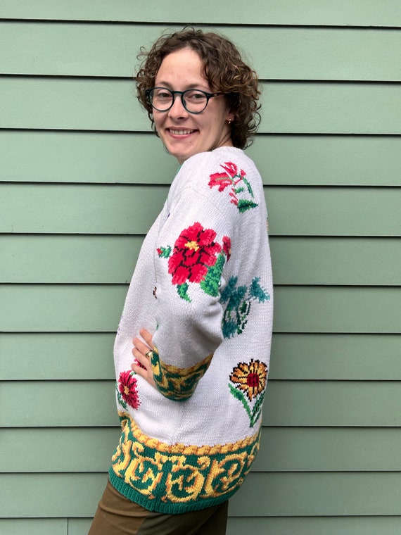 80s Adrienne Vittadini Sport Cotton Floral Sweater Womens Size M 