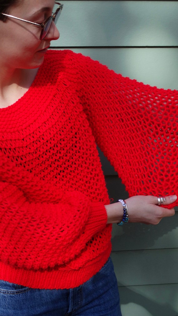 Vintage Handknit Red Sweater - Crop Sweater Open … - image 5