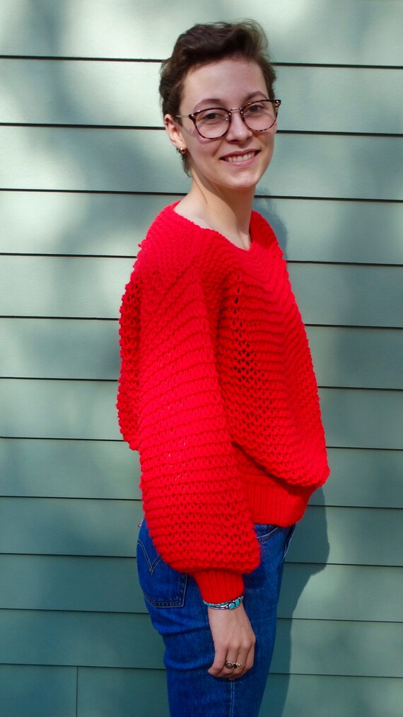 Vintage Handknit Red Sweater - Crop Sweater Open … - image 4