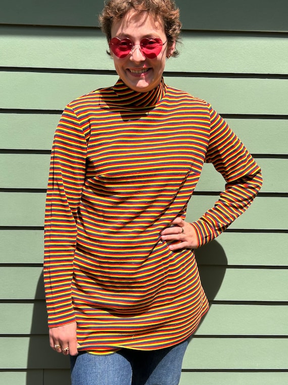 70s Striped Mock Neck Oversize Shirt Handmade 1970