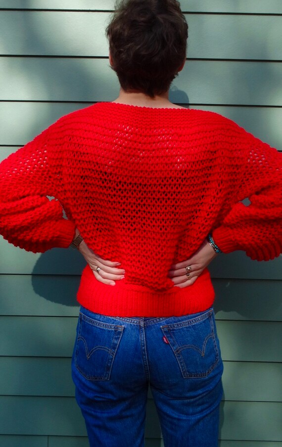 Vintage Handknit Red Sweater - Crop Sweater Open … - image 3