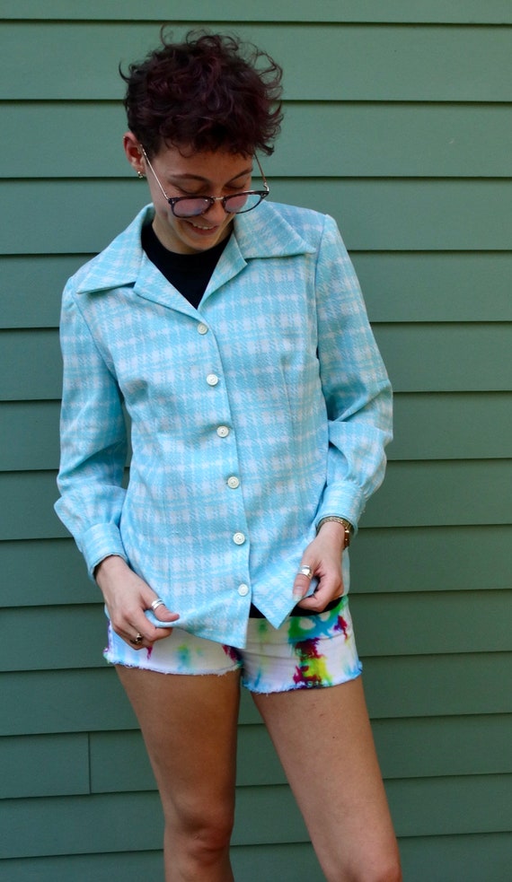 Stylin 60s Polyester Jacket Aqua Plaid 1960s Style