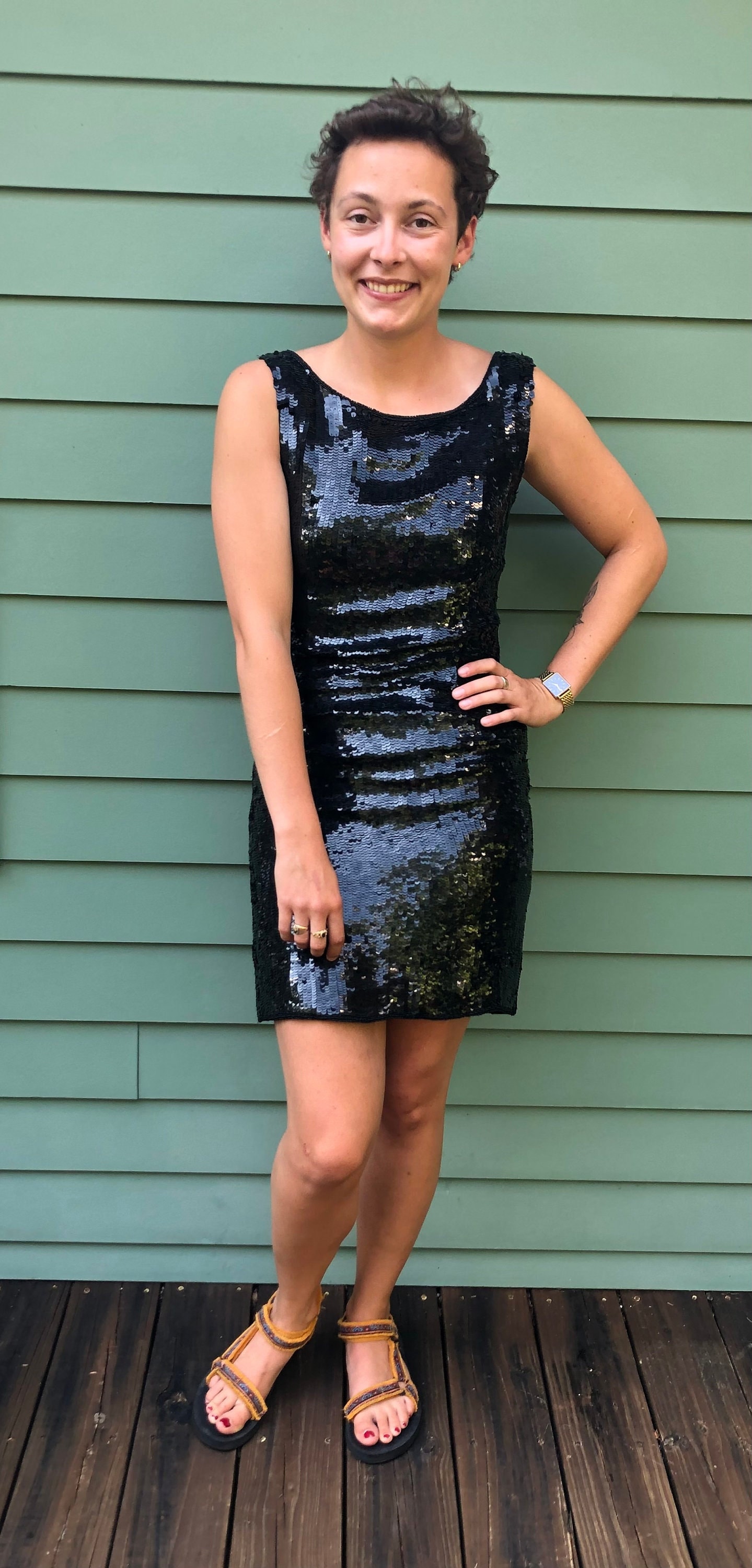 Black Silk Sequin Dress Vintage 80s 90s Short Sleeve Knee