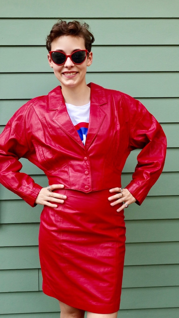 80s Chia Red Leather Suit Crop Jacket and Mini Ski