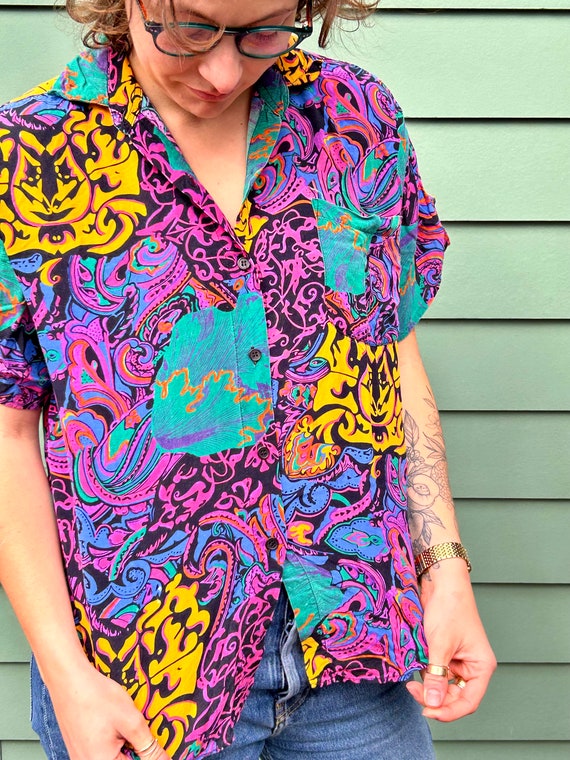 Fab 80s Camp Shirt 1980s Button Up 1980s Blouse R… - image 5